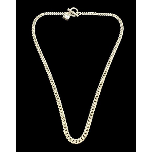Necklace Sterling Silver Round Chain Link Square Cubic Zirconia Pendant Toggle - Picture 7 of 7